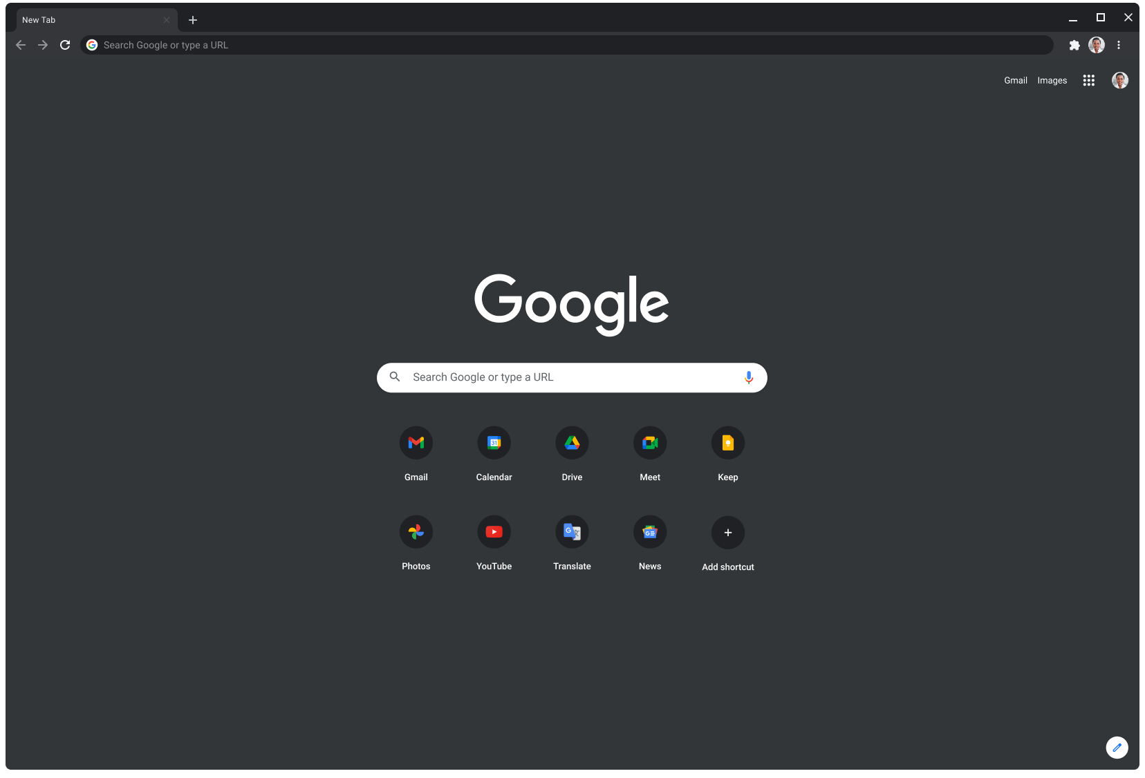 Chrome-nettleservindu i mørk modus som viser Google.com.