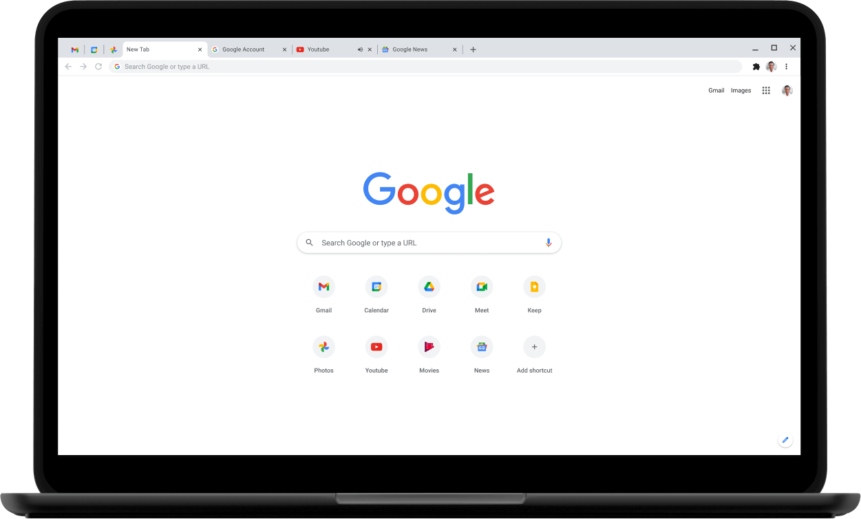 Øvre venstre hjørne av en Pixelbook-laptop med en skjerm som viser Google.com.