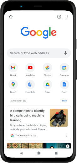 Pixel 4 XL-telefon med skjerm som viser Google.com.