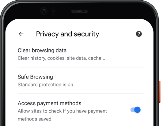 Personvern og sikkerhet-innstillingssiden i Chrome-nettleseren på en mobilenhet.