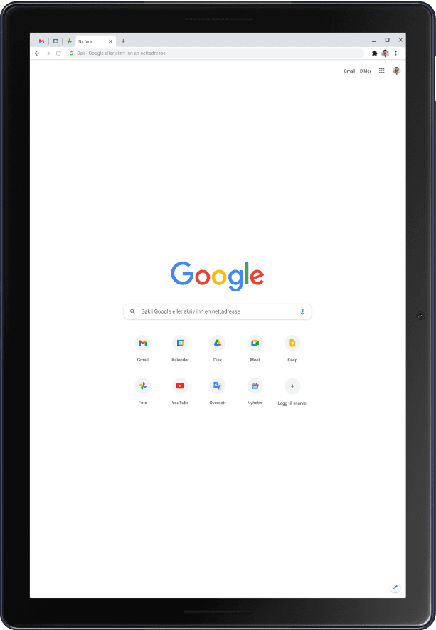 Pixel Slate-nettbrett i portrettmodus som viser Googles startside.