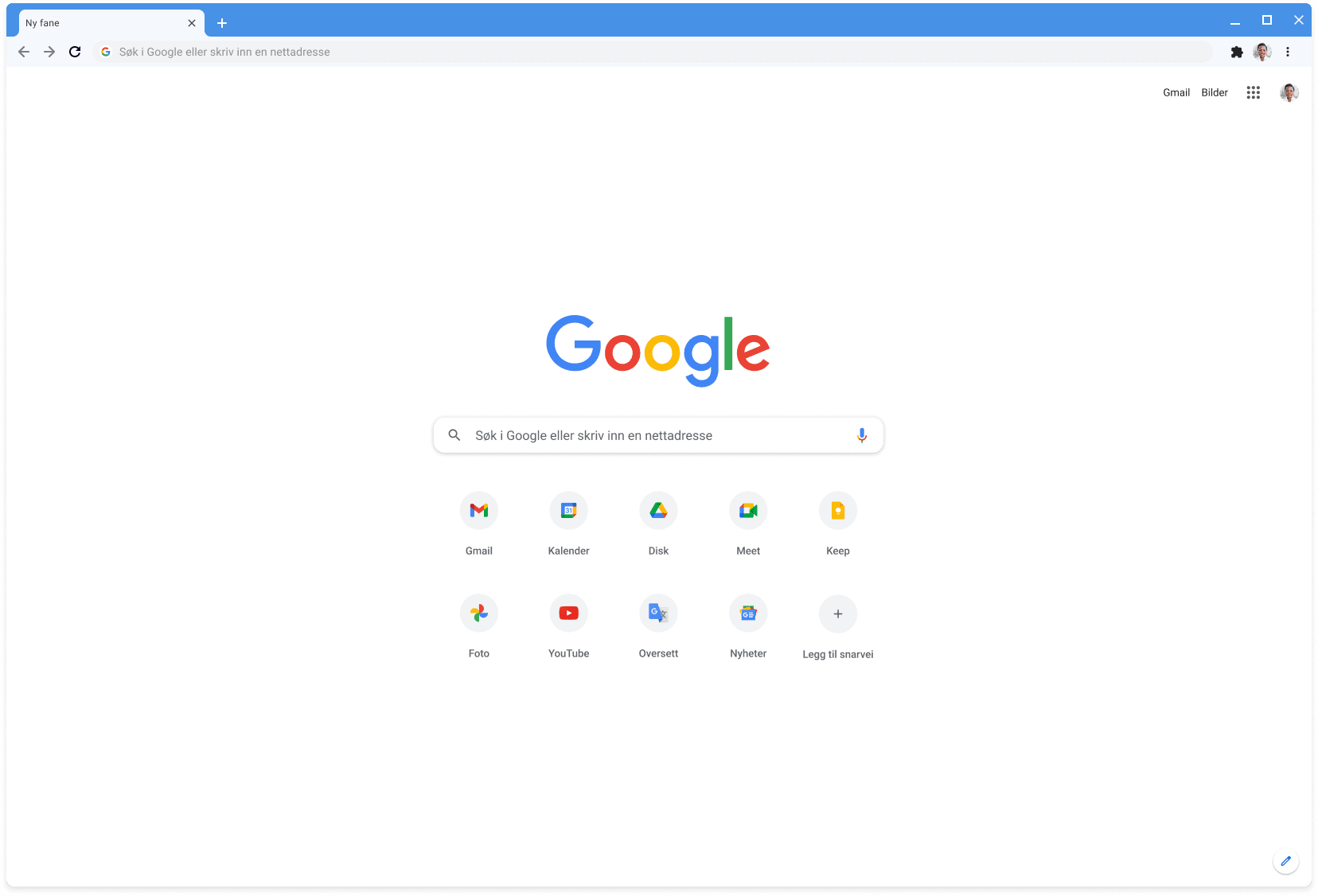 Chrome-nettleservindu som viser Google.com med Classic-temaet.