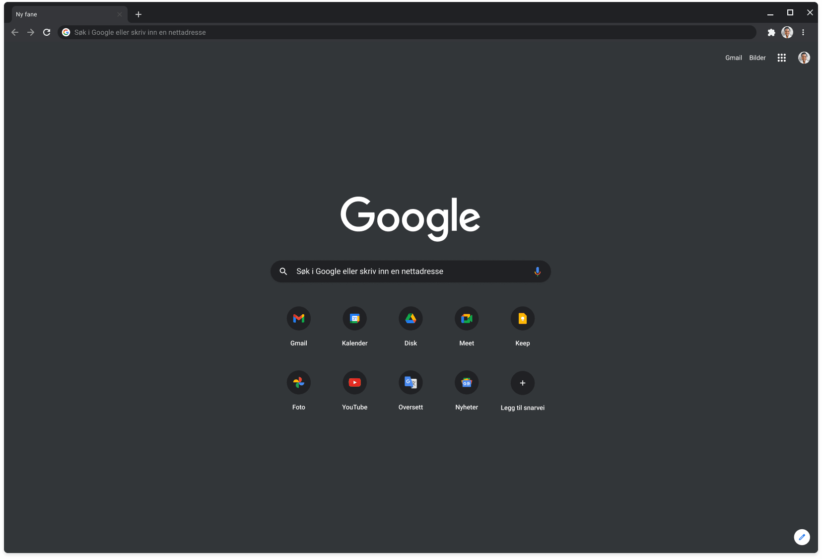 Chrome-nettleservindu i mørk modus som viser Google.com.
