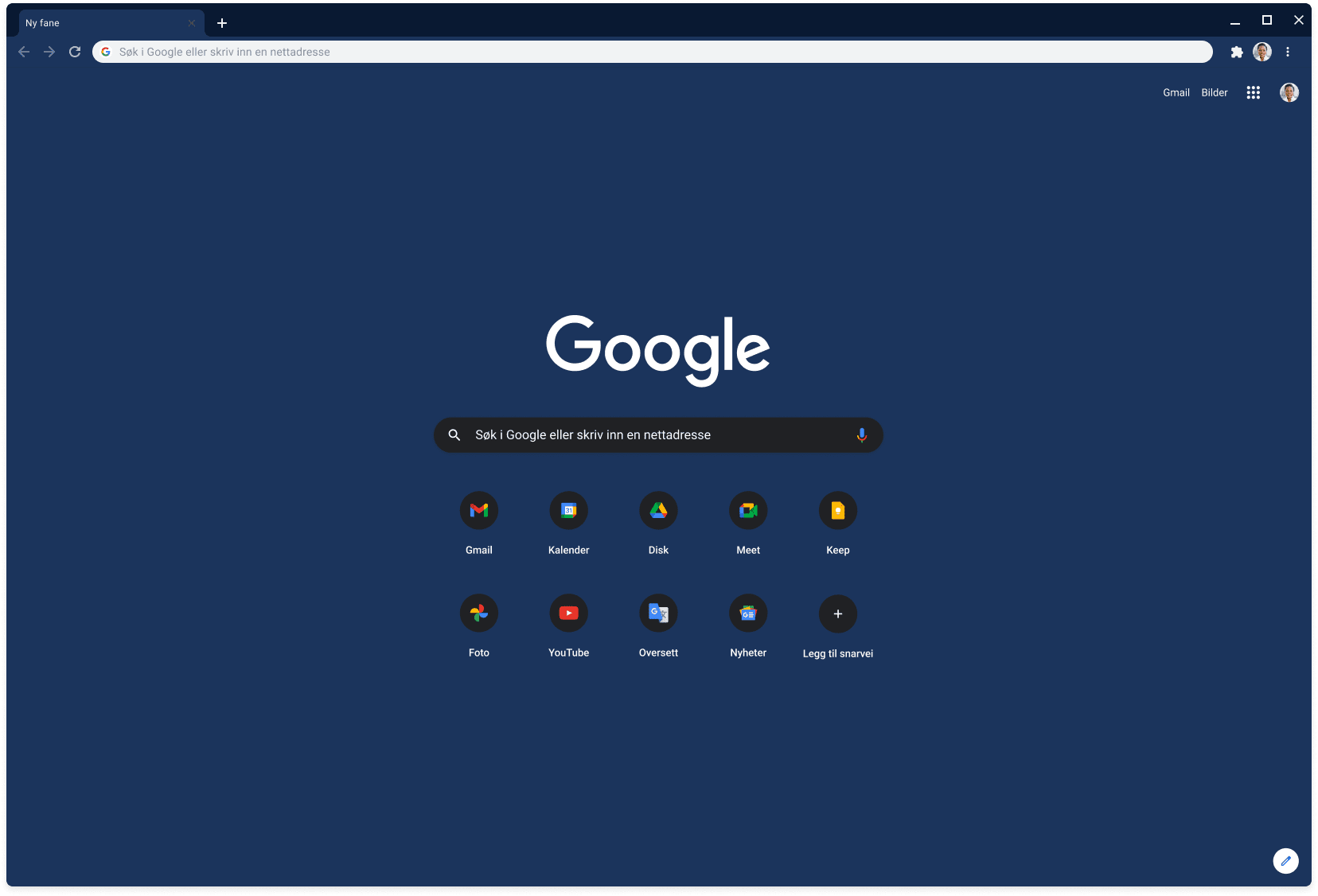 Chrome-nettleservindu som viser Google.com med Slate-temaet.