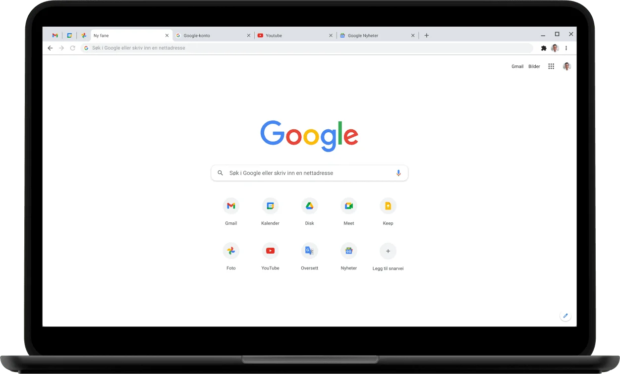 Øvre venstre hjørne av en Pixelbook-laptop med en skjerm som viser Google.com.