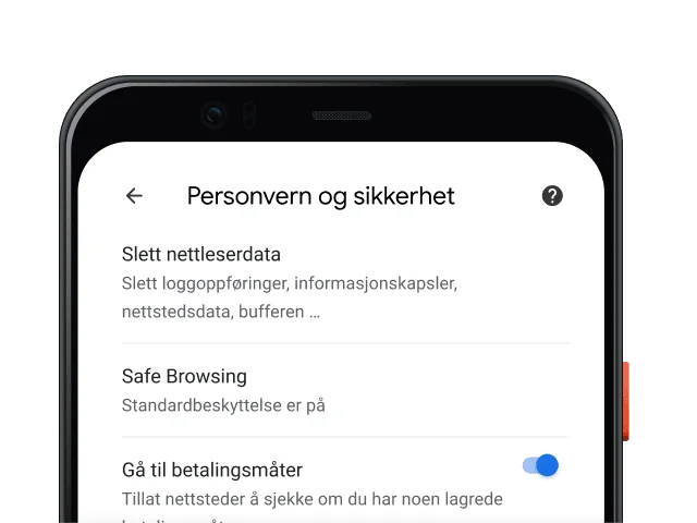 Personvern og sikkerhet-innstillingssiden i Chrome-nettleseren på en mobilenhet.