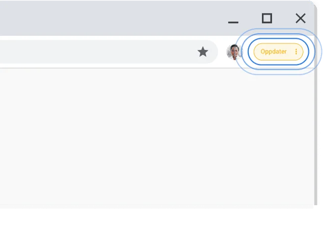 Øvre høyre hjørne av Chrome-nettleservindu hvor Oppdater-alternativet er fremhevet.