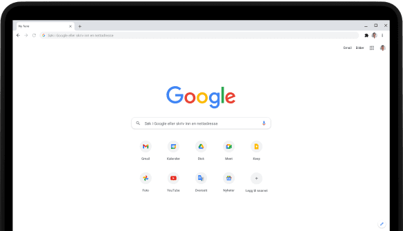 Øvre venstre hjørne av en Pixelbook Go-laptop med en skjerm som viser Google.com-søkefeltet og favorittapper.