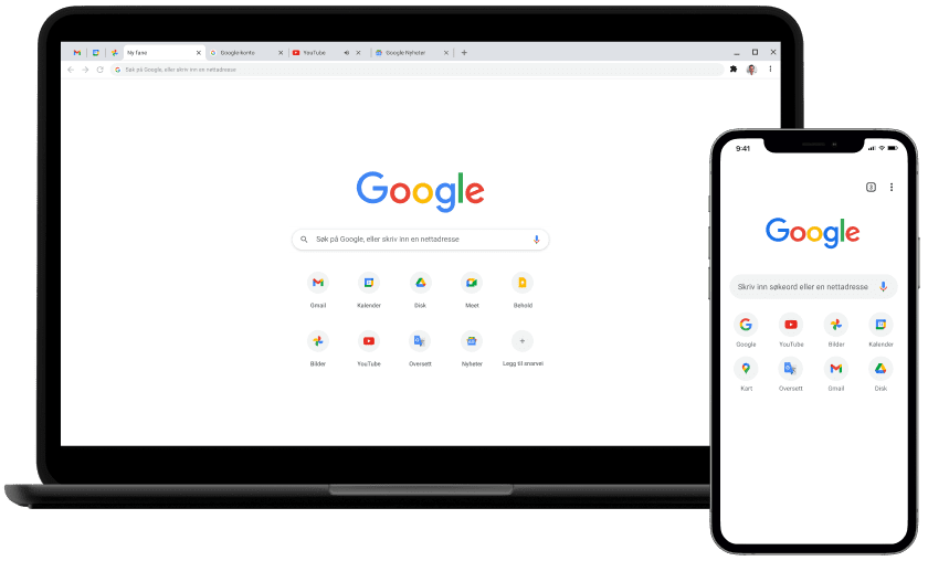 Laptop og mobilenhet som viser Google.com-startsiden.