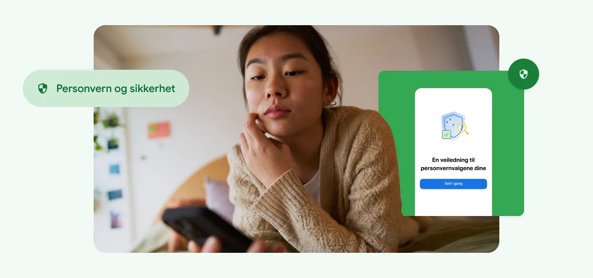 En kvinne berører ansiktet sitt og ser på telefonen sin.