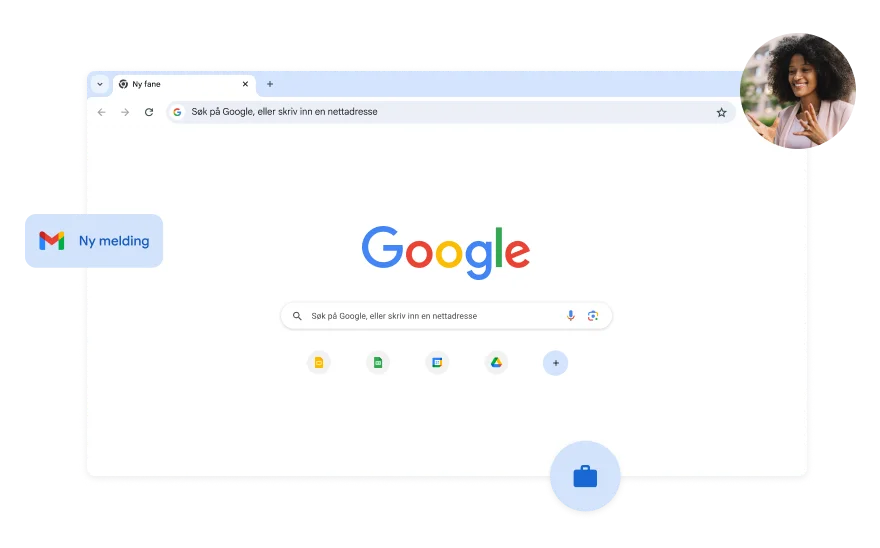 Bakgrunnen for Google Søk-siden er hvit. I et hjørne er det et bilde av en kvinne.