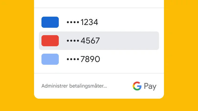 Av sikkerhetsårsaker viser Google Pay bare de siste fire sifrene i tre kredittkortnumre.