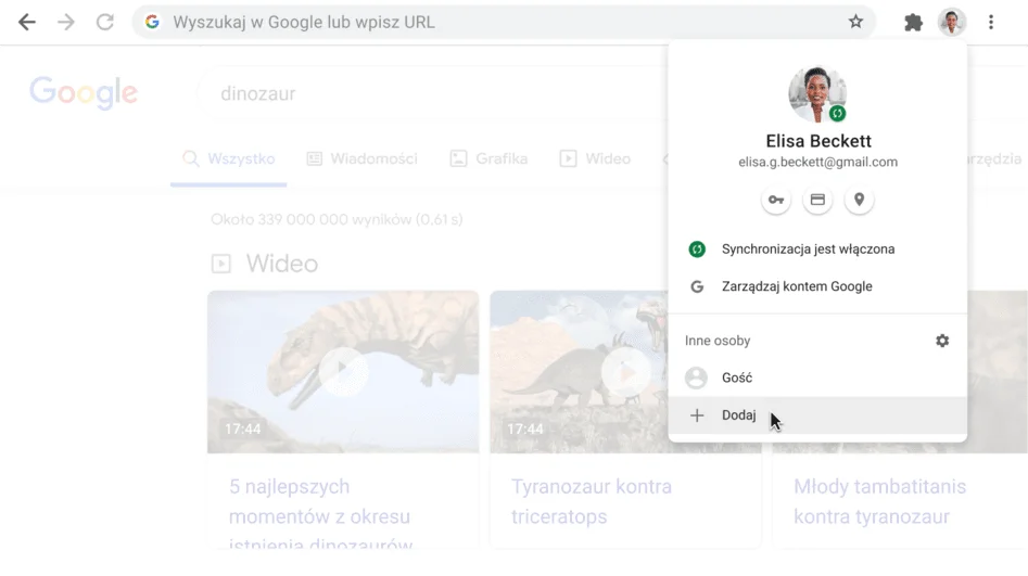 Okno przeglądarki Chrome z otwartym oknem dialogowym Profil.