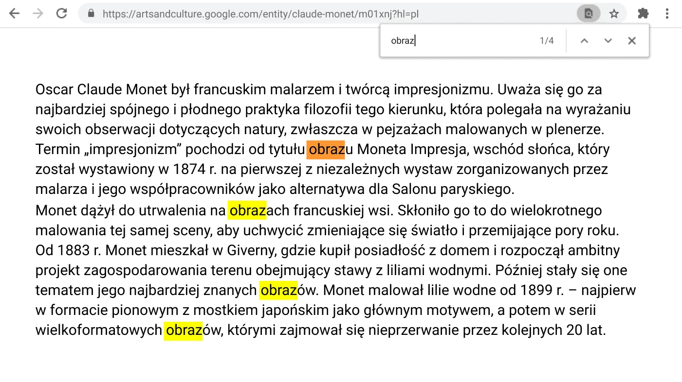 Okno przeglądarki Chrome z otwartą stroną z aktywną funkcją Znajdź.