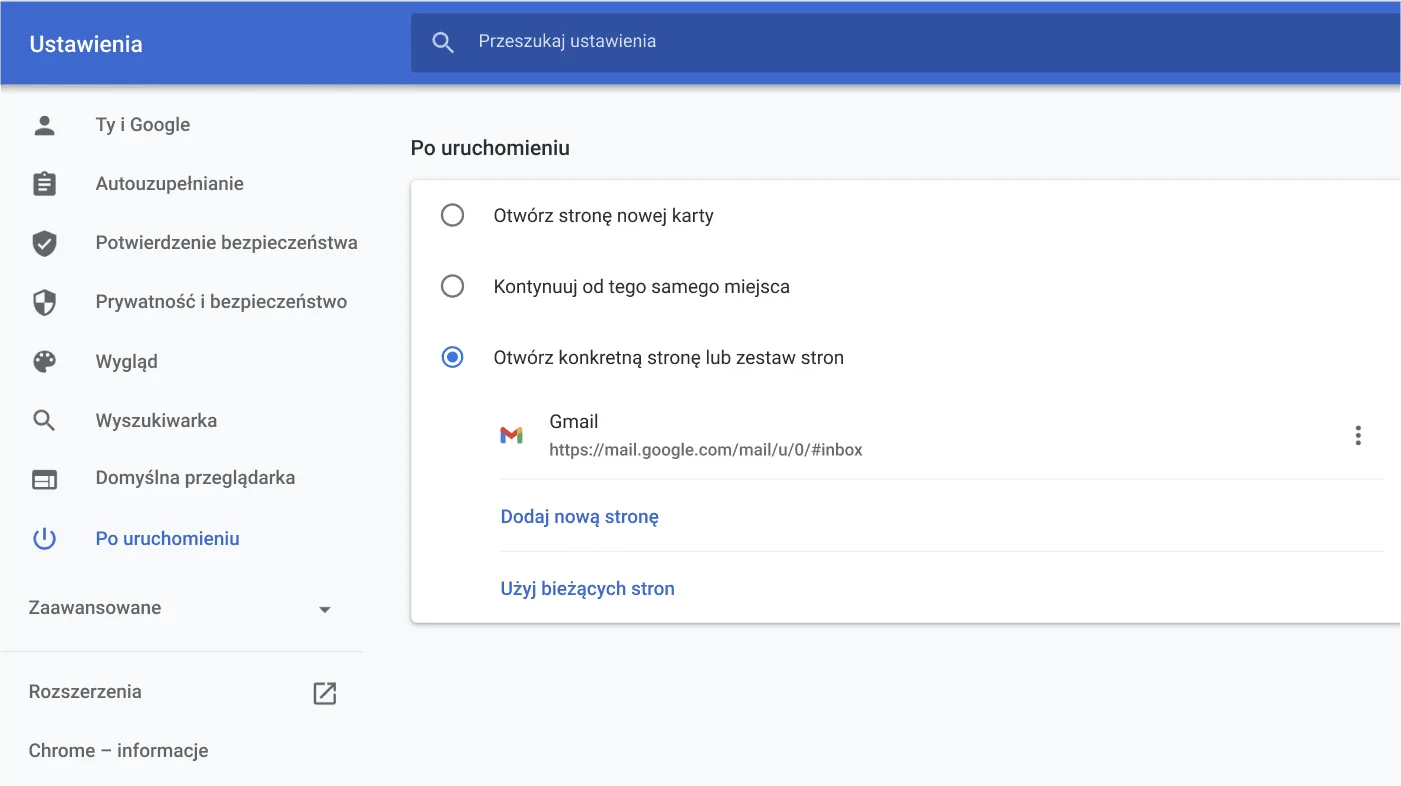 Okno ustawień przeglądarki Chrome pokazujące menu opcji Po uruchomieniu.