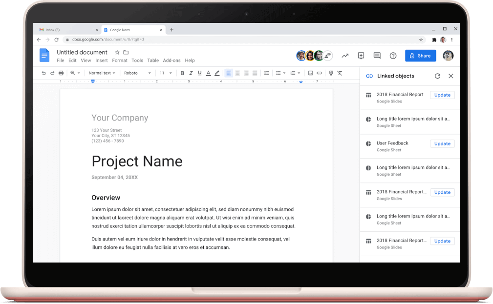 Google Docs-skjermbilde som viser en åpen prosjektmal.